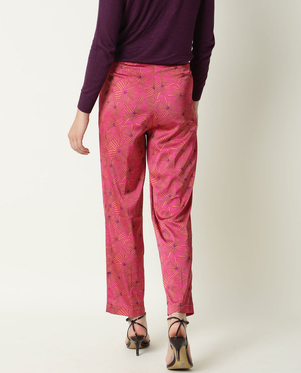 Rareism Women Catepil Flouroscent Pink Modal Fabric Tailored Fit Mid Rise Geometric Print Ankle Length Trousers