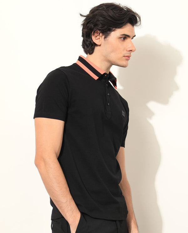 Rare Rabbit Men's Divide Black Cotton Fabric Striped Collar Half Sleeves Polo T-Shirt