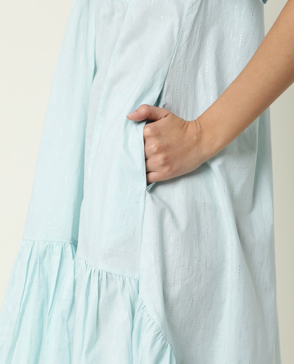 Rareism Women Loaf Light Turq Collared Neck Short Sleeves With Pocket Tiered Knee Length Dress