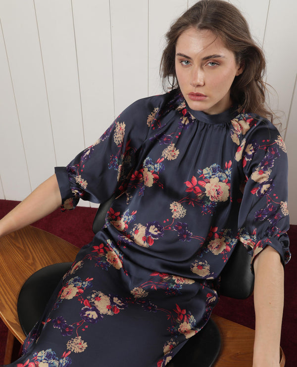 Rareism Women Clem Navy Polyester Fabric 3/4Th Sleeves High Neck Volume Sleeve Relaxed Fit Floral Print Knee Length Boxy Dress