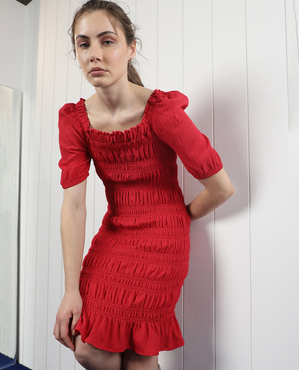 Rareism Women's Ammo Red Viscose Fabric Square Neck Slip-On Closure Puff Sleeve Plain  Knee Length Dress