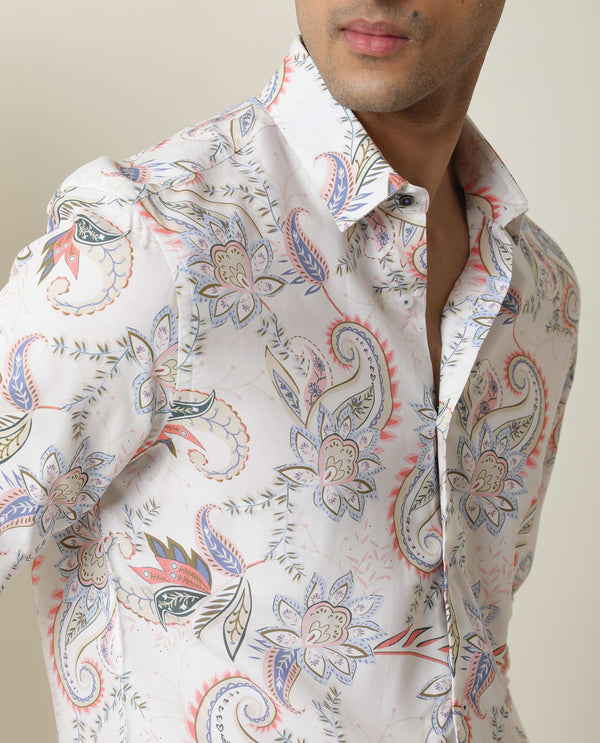 Rare Rabbit Men's Cecilia Off White Rayon Linen Fabric Full Sleeves Paisley Print Shirt
