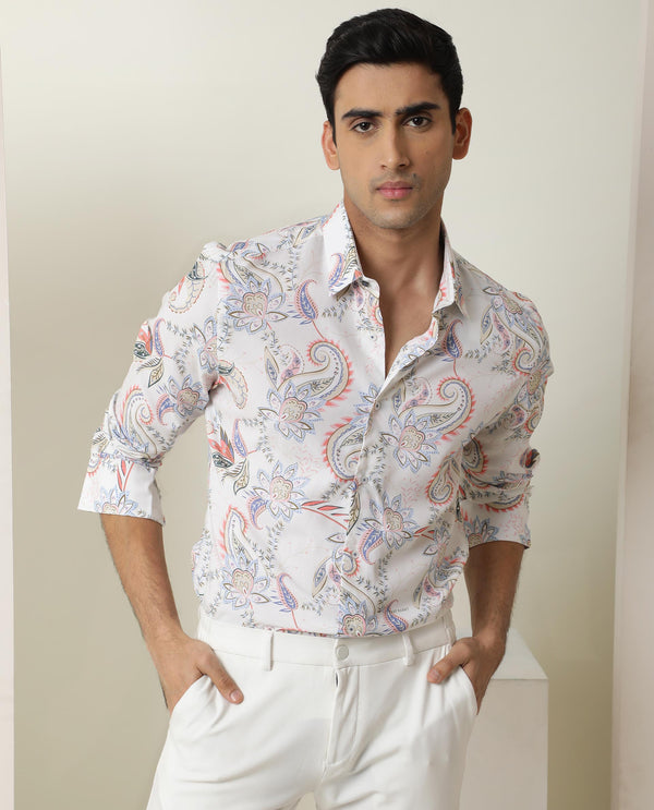 Rare Rabbit Men's Cecilia Off White Rayon Linen Fabric Full Sleeves Paisley Print Shirt