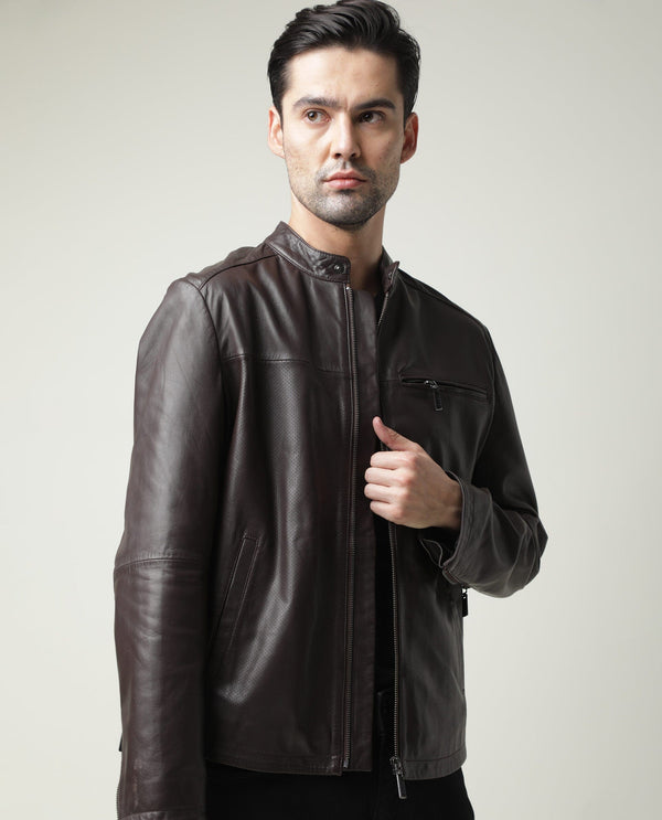 RARE RABBIT MEN'S DREDER BROWN JACKET LEATHER FABRIC BROAD COLLAR NECK FULL SLEEVES ZIPPER CLOSURE SLIM FIT