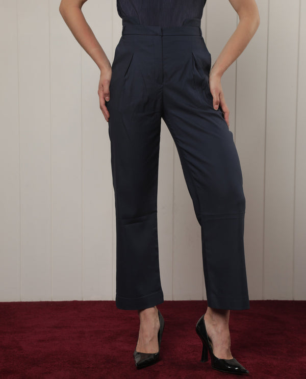Rareism Women Evanova Navy Viscose Fabric Tailored Fit High Rise Solid Ankle Length Trousers