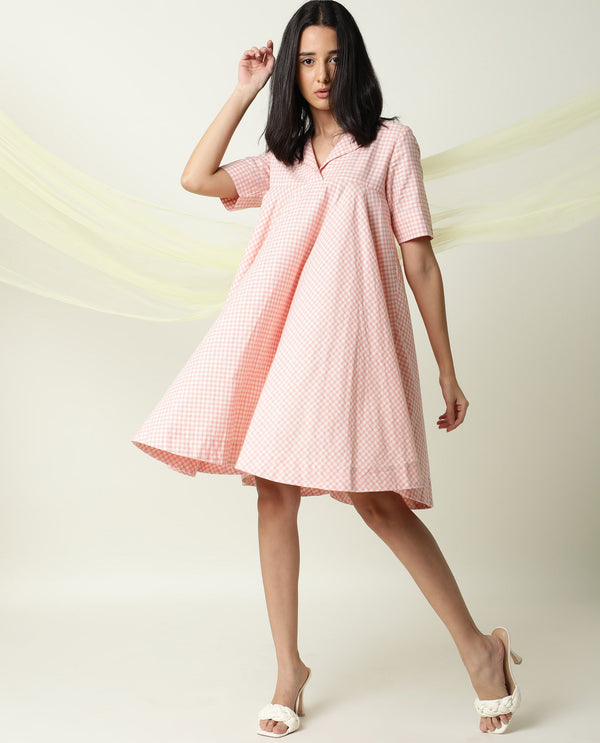 Rareism Women Paris Yellow Gingham Checks Overlap Lapel Collar Half Sleeves Mini Dress