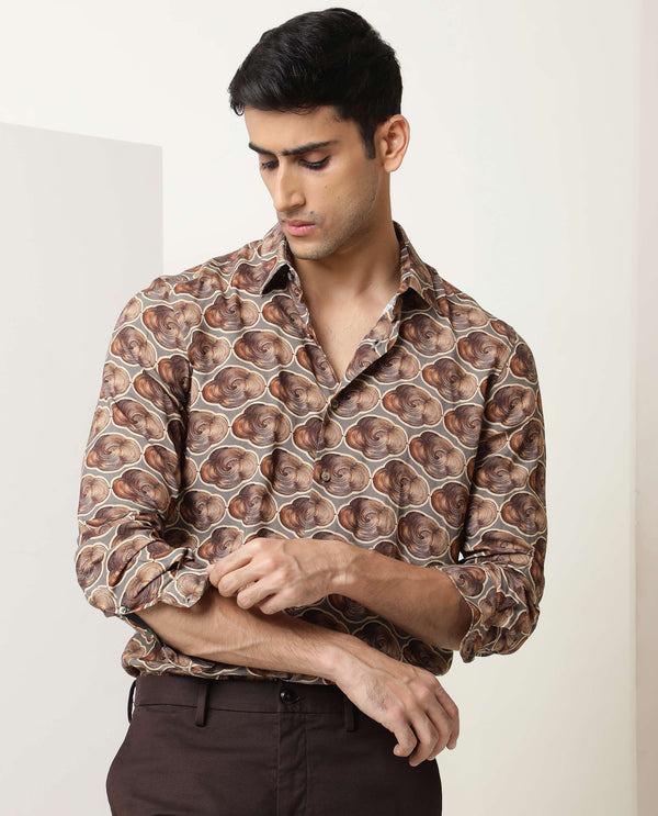 Rare Rabbit Men's Tymon LS Grey Viscose Fabric Full Sleeves Regular Fit Geometric Print Shirt