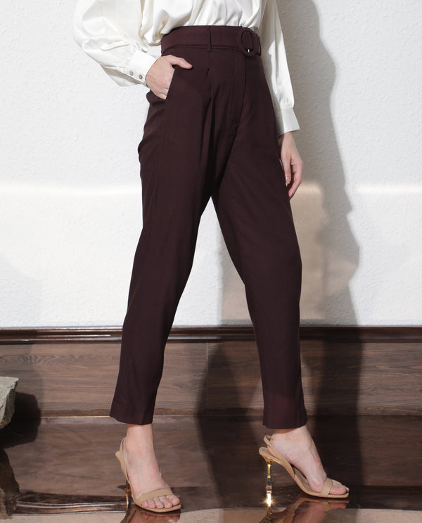 Rareism Women Rachel Dark Brown Poly Viscose Fabric Tailored Fit High Rise Solid Ankle Length Trousers
