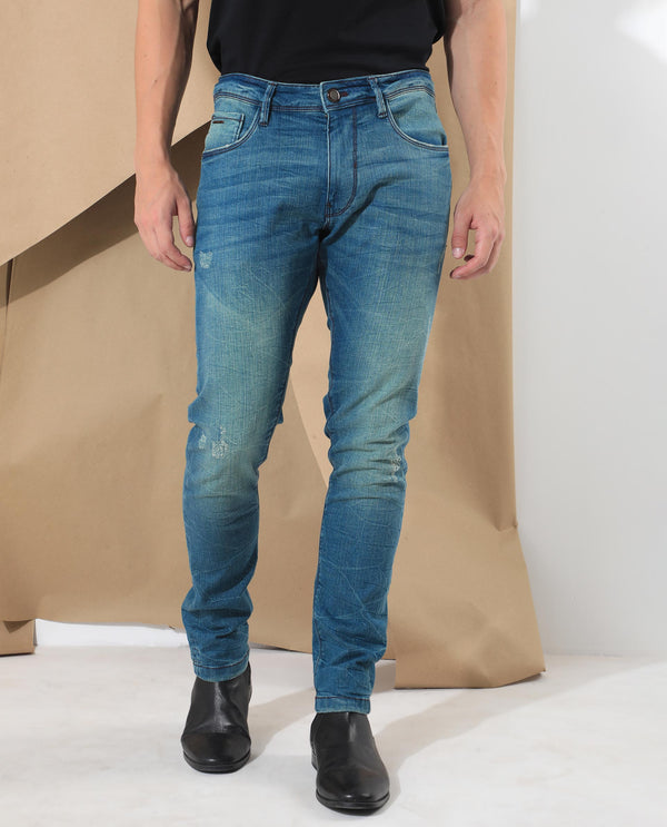 Rare Rabbit Men's Sator Light Blue Mid Wash Mid-Rise Distressed Slim Fit Jeans