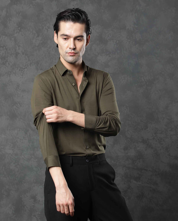 Rare Rabbit Men's Zaco Green Cotton Fabric Full Sleeves Regular Fit Solid Shirt