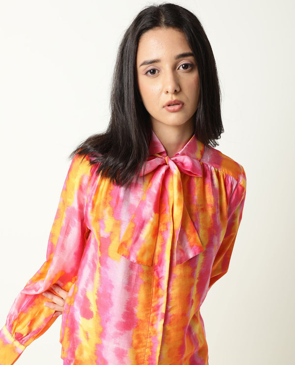 Rareism Womens Dense Pink Top Modal Satin Fabric Regular Fit Full Sleeve Tie Up Neck