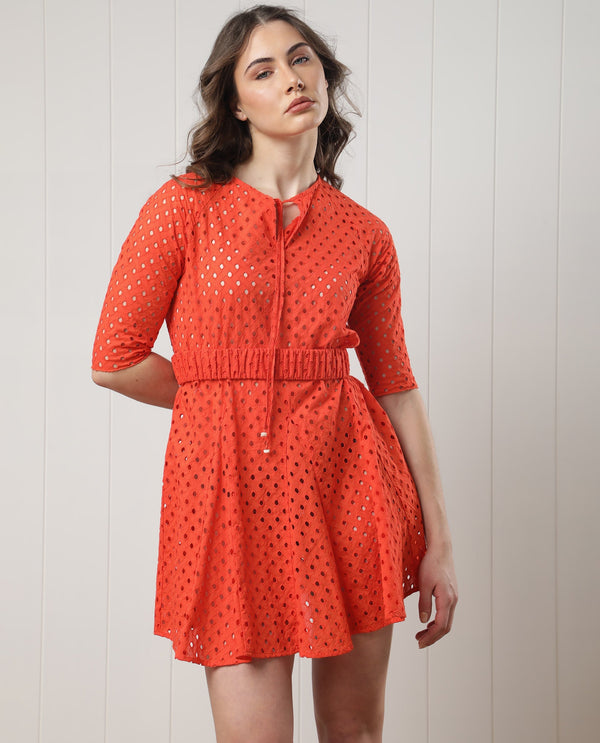 Rareism Women Bex Fluorescent Orange Cotton Fabric Short Sleeves Tie-Up Neck Regular Fit Schiffili Knee Length Empire Dress