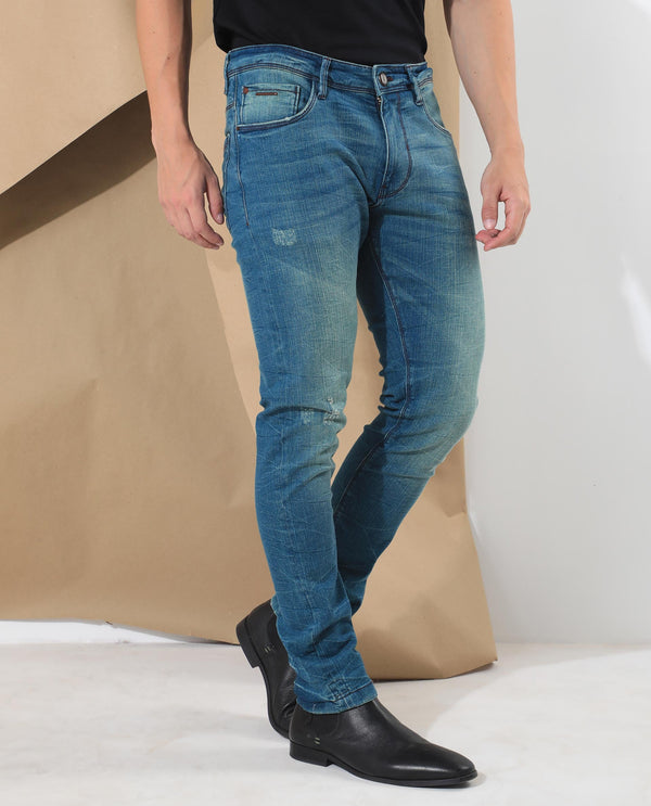 Rare Rabbit Men's Sator Light Blue Mid Wash Mid-Rise Distressed Slim Fit Jeans