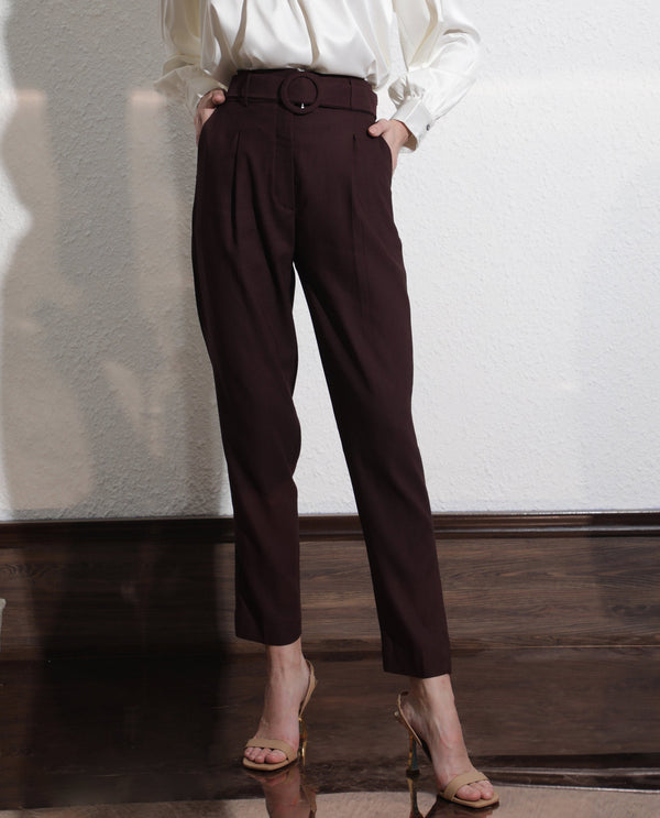 Rareism Women Rachel Dark Brown Poly Viscose Fabric Tailored Fit High Rise Solid Ankle Length Trousers