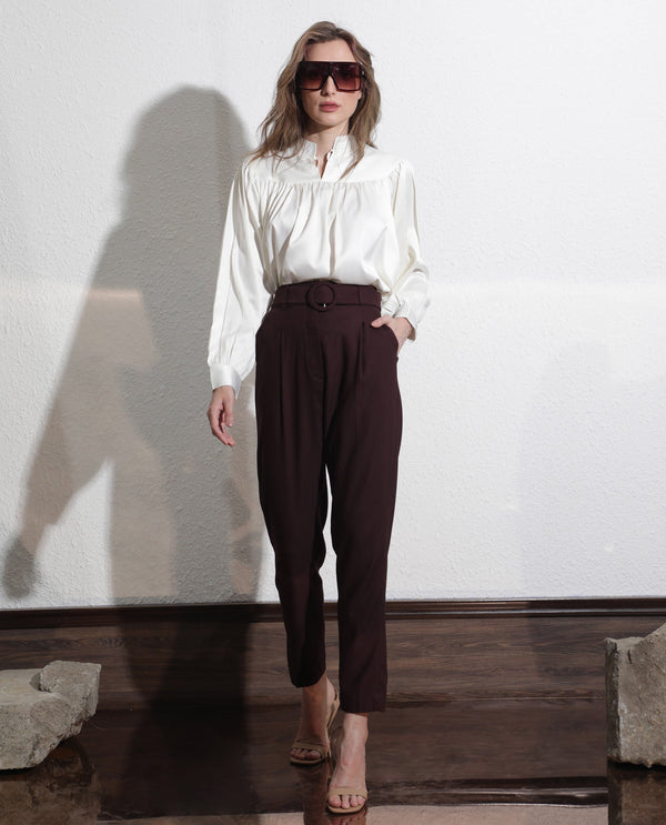 Rareism Women Rachel Dark Brown Poly Viscose Fabric Tailored Fit High Rise Solid Ankle Length Trousers