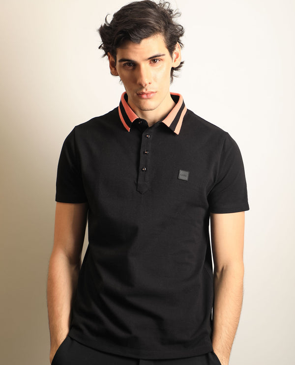 Rare Rabbit Men's Divide Black Cotton Fabric Striped Collar Half Sleeves Polo T-Shirt