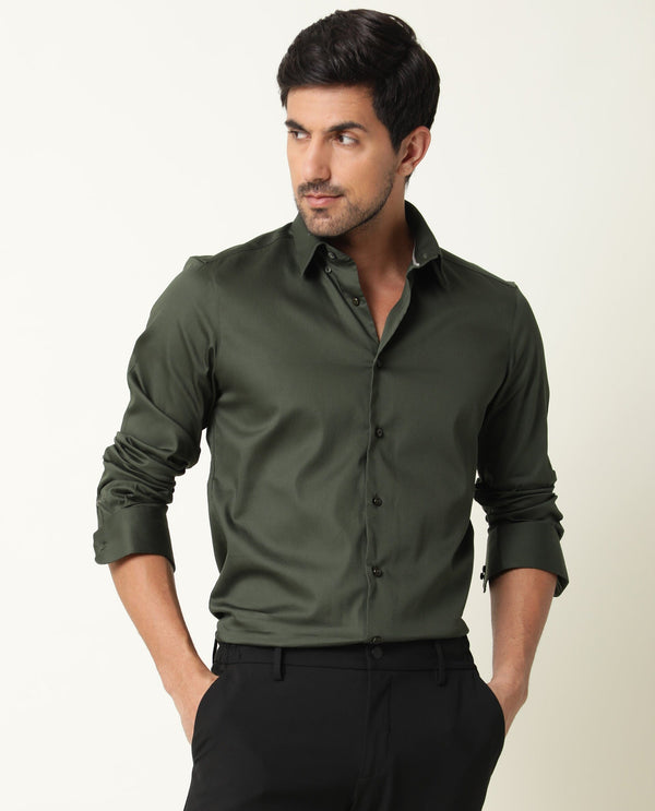 Rare Rabbit Men's Holand Olive Satin Fabric Full Sleeves Solid Shirt