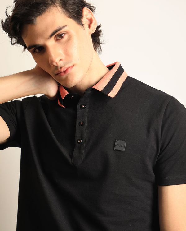 Rare Rabbit Men's Divide Black Cotton Fabric Striped Collar Half Sleeves Polo T-Shirt
