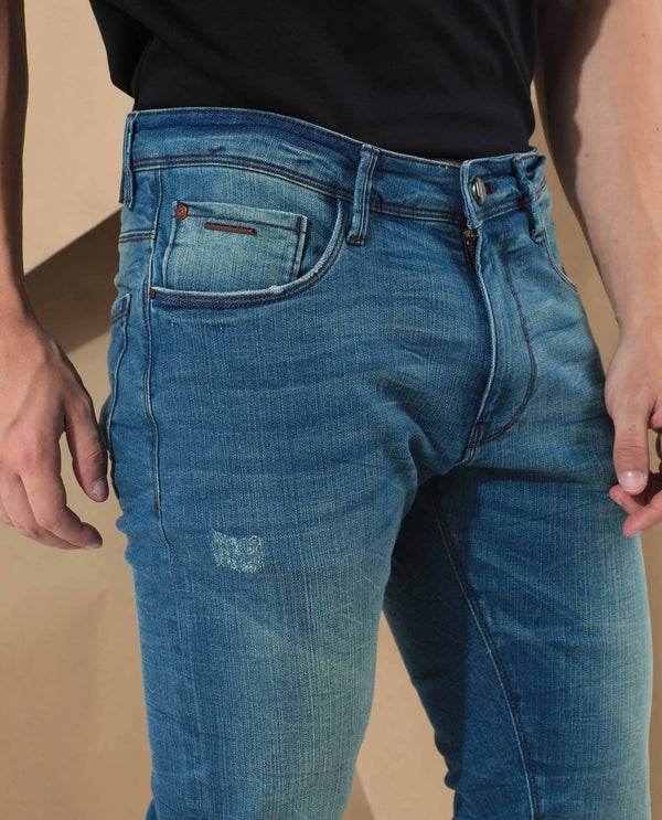 Rare Rabbit Men's Sator Light Blue Mid Wash Mid-Rise Distressed Slim Fit Jeans