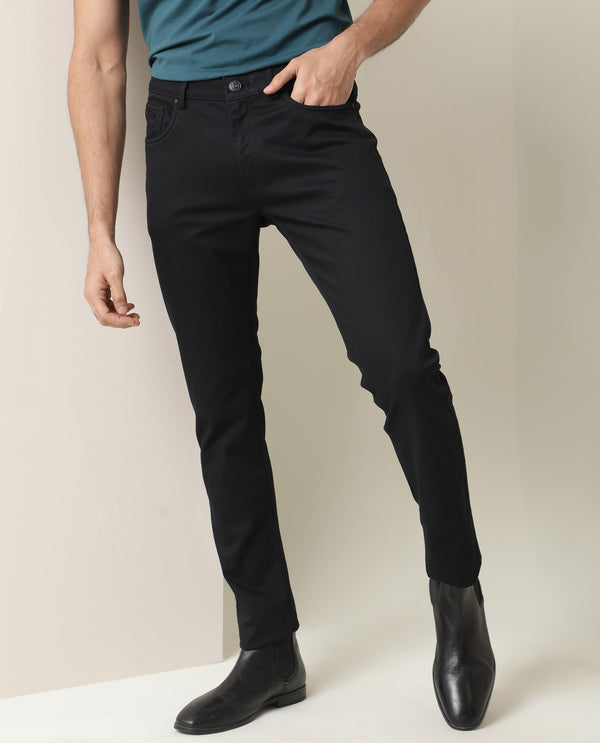 Rare Rabbit Men's Poke Black Solid Mid-Rise Regular Fit Trouser