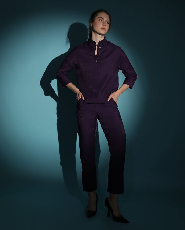 Rareism Women Unoo Dark Purple Polyester Fabric Tailored Fit Mid Rise Solid Ankle Length Trousers