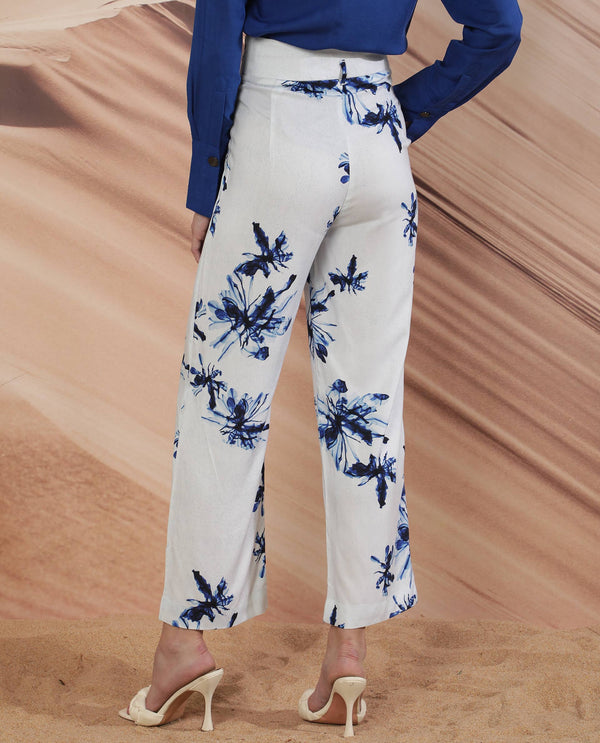 Rareism Women Irish White Poly Viscose Fabric Button Closure Regular Fit Floral Print Ankle Length Trousers