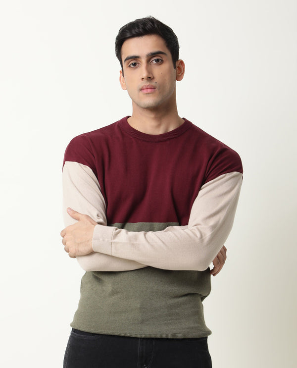 Rare Rabbit Tanko Primary Maroon Sweater Cotton Fabric Full Sleeve Round Neck Slim Fit