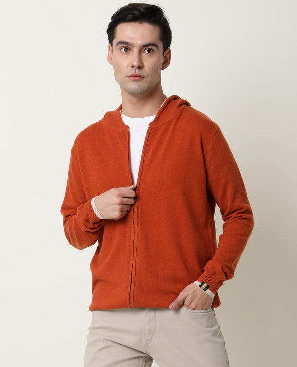 Rare Rabbit Men'S Pisa Orange Pullover Cotton Fabric Hooded Neck Full Sleeves Zipper Closure Slim Fit