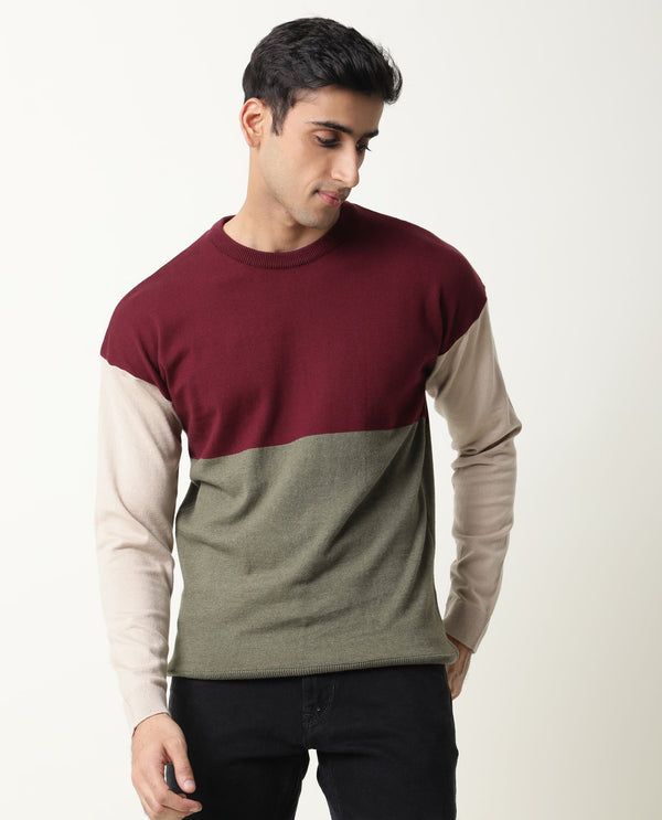 Rare Rabbit Tanko Primary Maroon Sweater Cotton Fabric Full Sleeve Round Neck Slim Fit