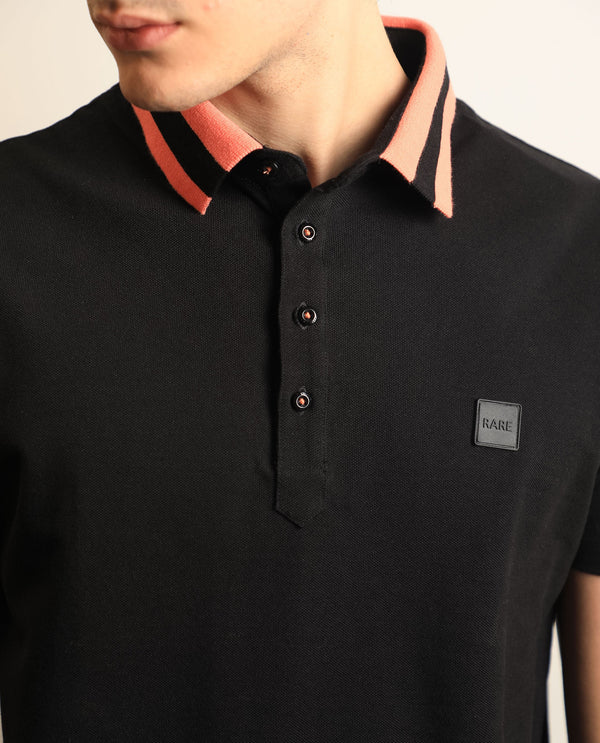 Rare Rabbit Men's Divide Black Cotton Fabric Striped Collar Half Sleeves Polo T-Shirt