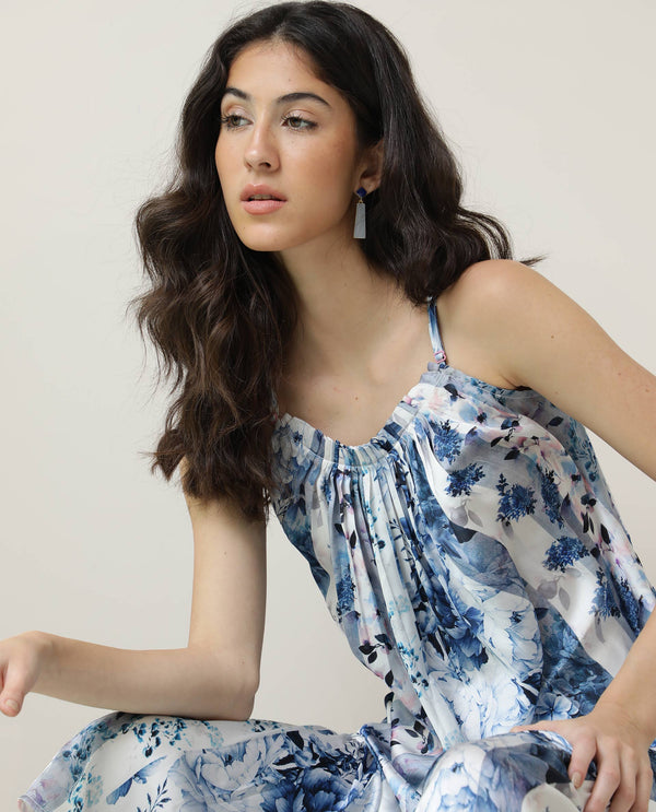 Rareism Women's Macy Light Blue Polyester Fabric Shoulder Straps Slip-On Closure Sleeveless Floral Print  Maxi Dress