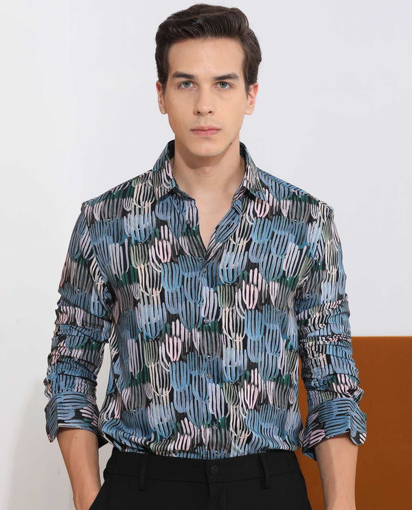 Rare Rabbit Men's Alvin Black Viscose Fabric Full Sleeves Abstract Print Regular Fit Shirt
