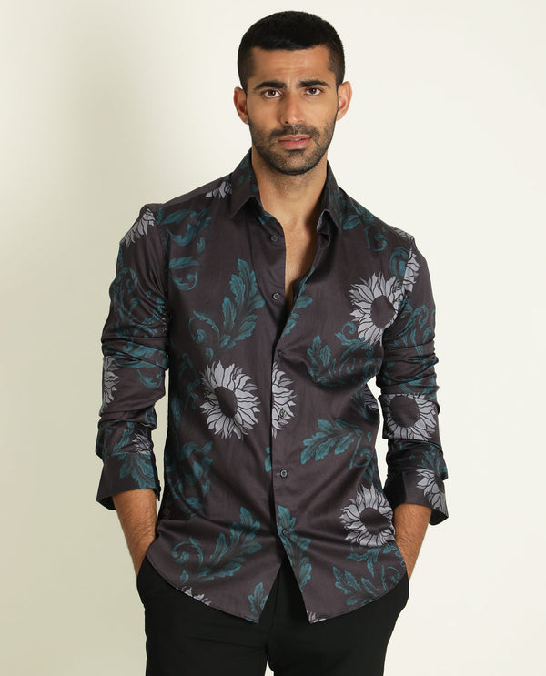 Rare Rabbit Men's Silbon Black Cotton Fabric Floral Print Full Sleeves Shirt