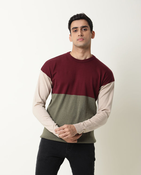 Rare Rabbit Tanko Primary Maroon Sweater Cotton Fabric Full Sleeve Round Neck Slim Fit
