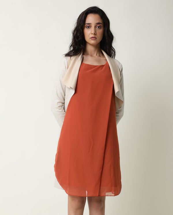 Rareism Women Saabo Dark Rust Boat Neck Sleeveless Side Zip Closure Knee Length Dress