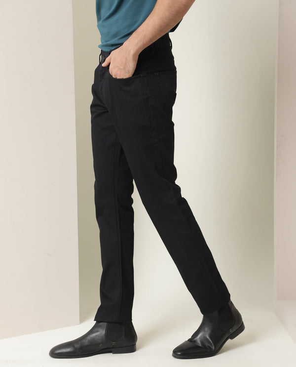 Rare Rabbit Men's Poke Black Solid Mid-Rise Regular Fit Trouser