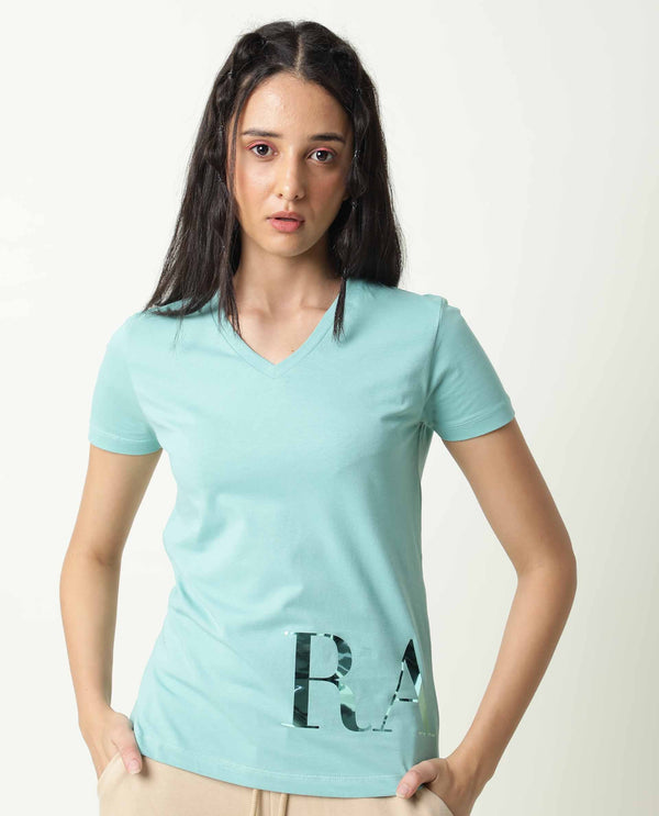 Rareism Women Donovan Green Cotton Fabric Regular Fit Half Sleeves Graphic Print Crew Neck T-Shirt