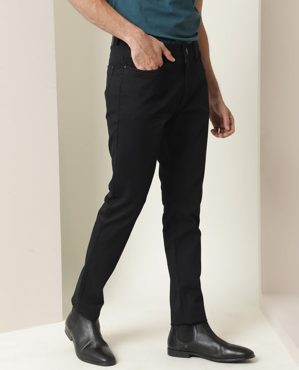Rare Rabbit Men's Poke Black Solid Mid-Rise Regular Fit Trouser