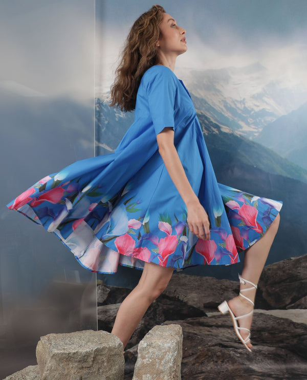 Rareism Women Xender Blue Floral Print Overlap Lapel Collar Half Sleeves With Pockets Flared Mini Dress