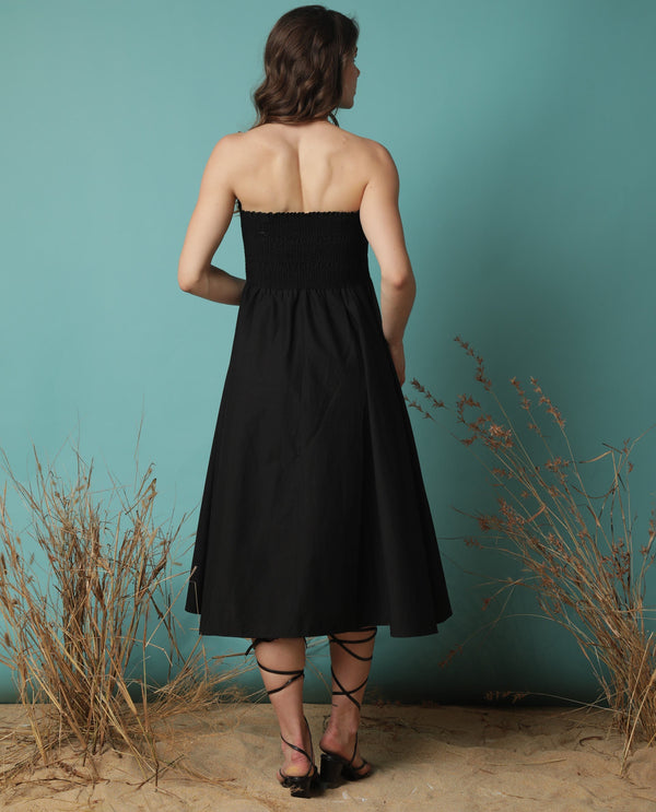 Rareism Women Zozo Black Off Shoulder With Detachable Shoulder Straps And Pockets Smocked Midi Dress