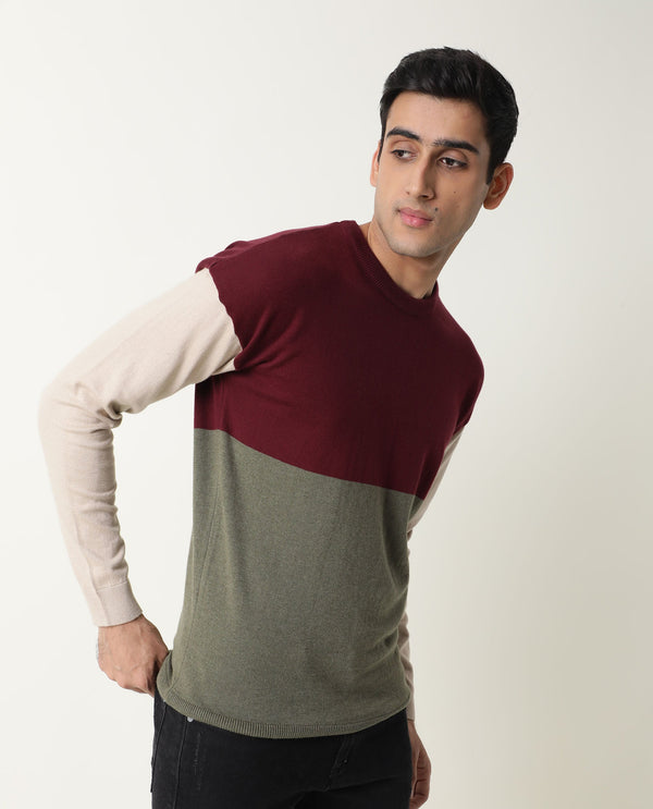 Rare Rabbit Tanko Primary Maroon Sweater Cotton Fabric Full Sleeve Round Neck Slim Fit
