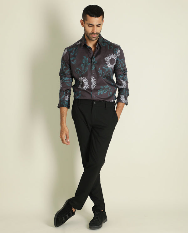 Rare Rabbit Men's Silbon Black Cotton Fabric Floral Print Full Sleeves Shirt