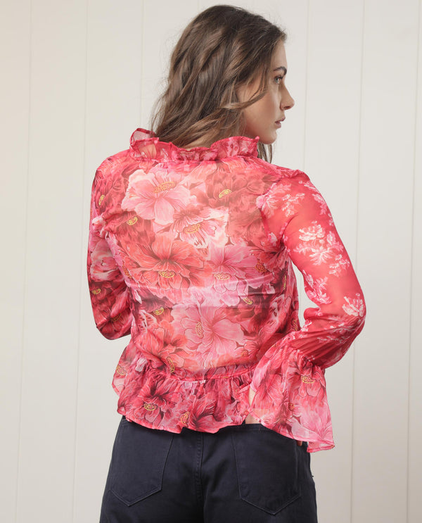 Rareism Women Myloh Maroon Polyester Fabric Full Sleeves Drawstring Closure V-Neck Bell Sleeve Regular Fit Floral Print Cropped Shrug