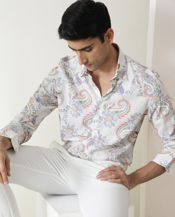 Rare Rabbit Men's Cecilia Off White Rayon Linen Fabric Full Sleeves Paisley Print Shirt