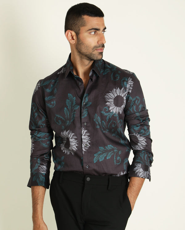 Rare Rabbit Men's Silbon Black Cotton Fabric Floral Print Full Sleeves Shirt