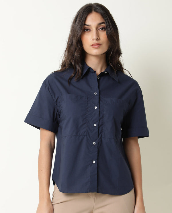 Rareism Women Vesh Navy Cotton Fabric Regular Fit Shirt Collar Half Sleeves Solid Top