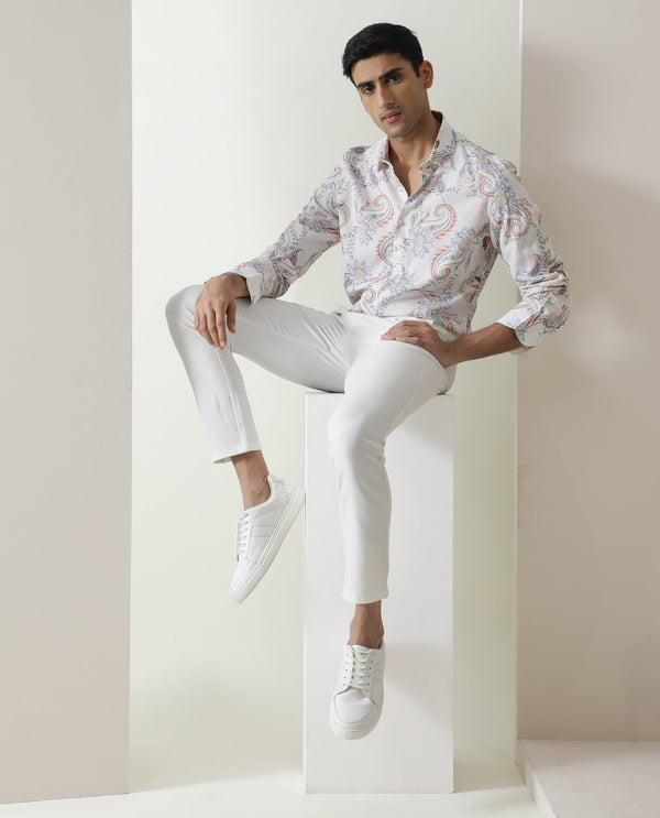 Rare Rabbit Men's Cecilia Off White Rayon Linen Fabric Full Sleeves Paisley Print Shirt