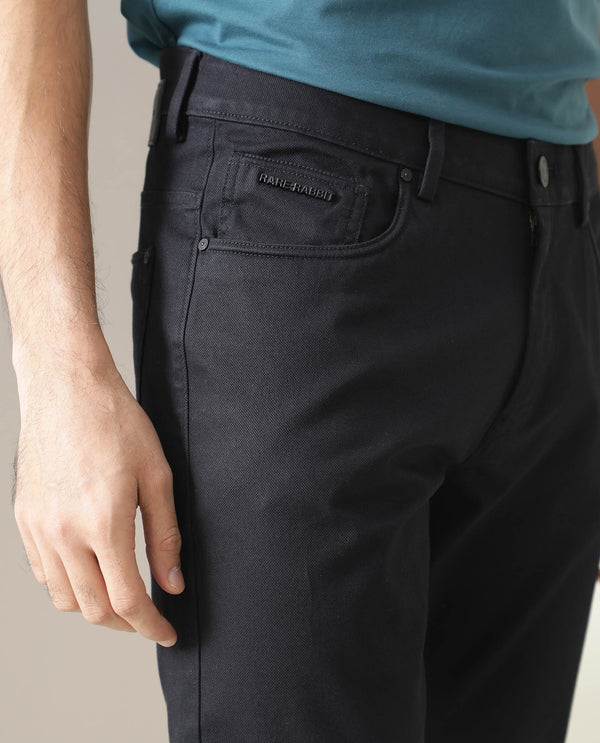 Rare Rabbit Men's Poke Black Solid Mid-Rise Regular Fit Trouser