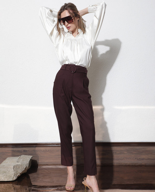 Rareism Women Rachel Dark Brown Poly Viscose Fabric Tailored Fit High Rise Solid Ankle Length Trousers