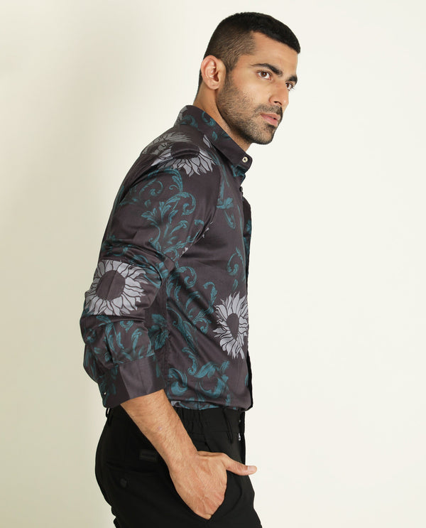 Rare Rabbit Men's Silbon Black Cotton Fabric Floral Print Full Sleeves Shirt
